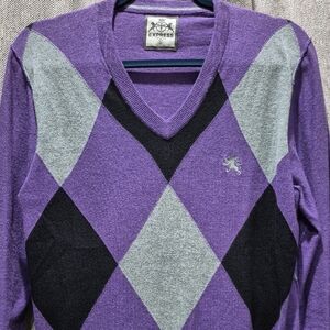 Express Men's V-neck Diamond Argyle Cotton Sweater Purple Gray Black Size: Small